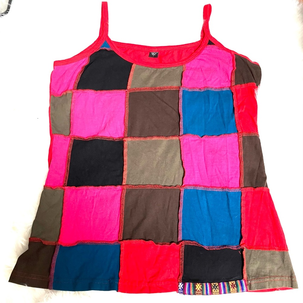 Hippie Kathmandu Patchwork Tank Boho M L Red Pink Blue
